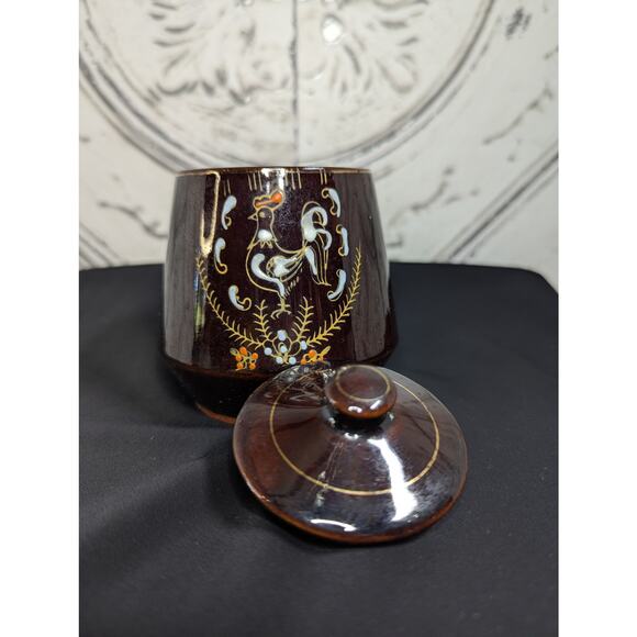 Vintage Moriage Redware Sugar Bowl w/ Handpainted Rooster Motif, MCM, Pre-Owned - Picture 3 of 7